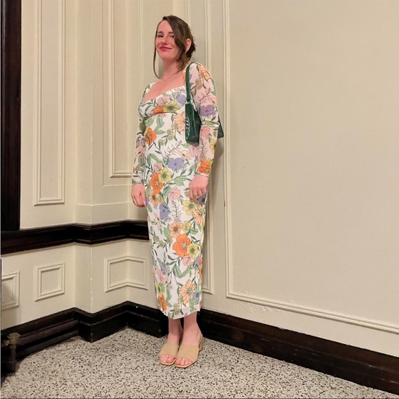 Floral Long-Sleeve Square Neck Maxi Dress - White with Multicolor Blooms - Picture 4 of 5